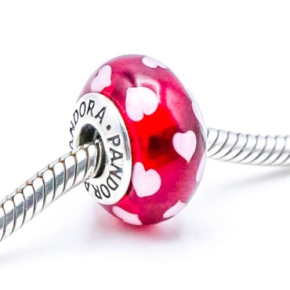 PANDORA Sweethearts Red Murano Glass Sterling Silver Charm With Pink Hearts